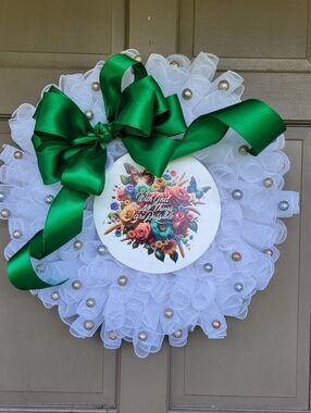 Handmade 'With God All Things Are Possible' White Decorative Mesh Wreath